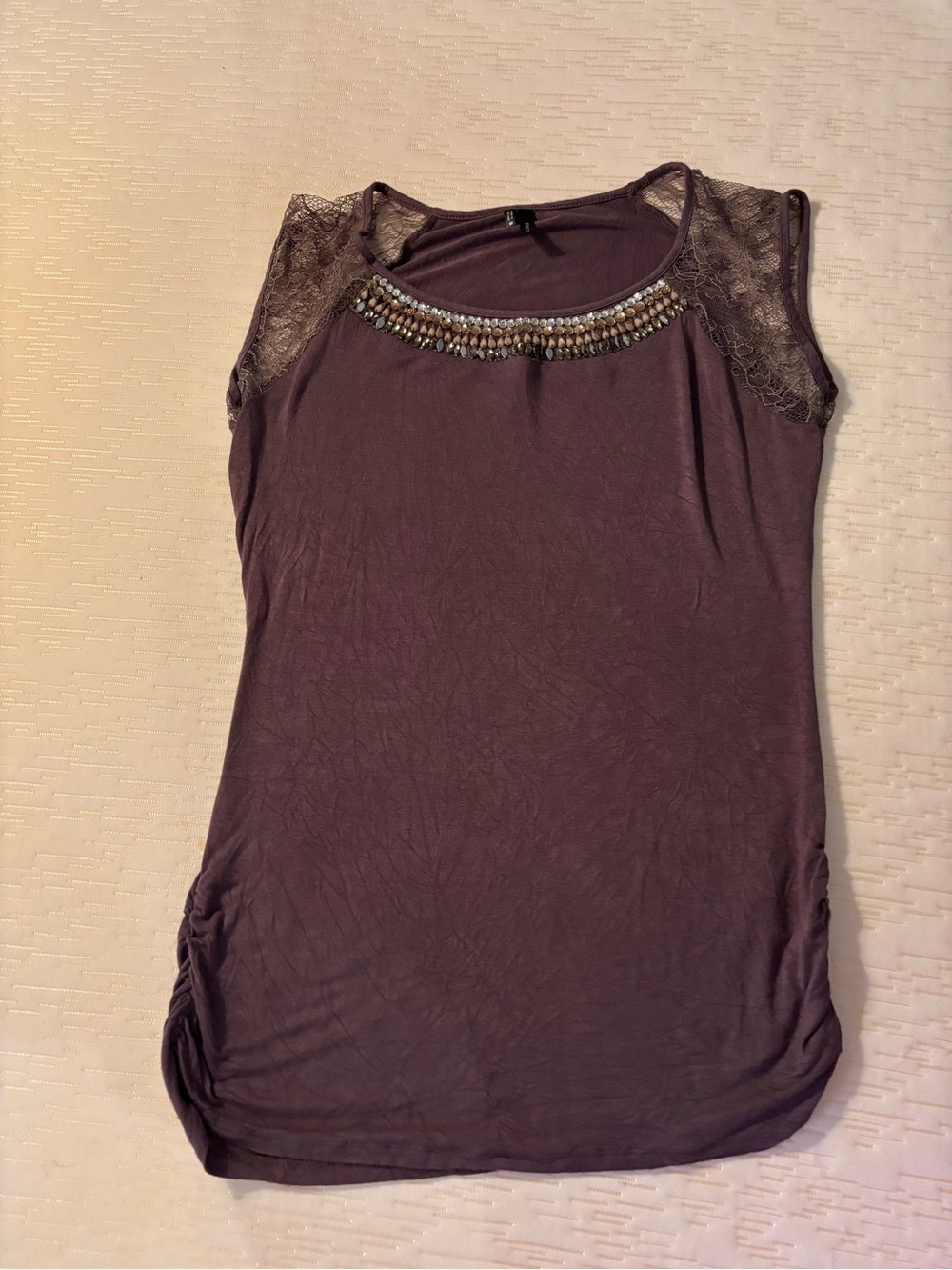 Maurices Mauve Lace-Shoulder Tank with Beaded Neckline